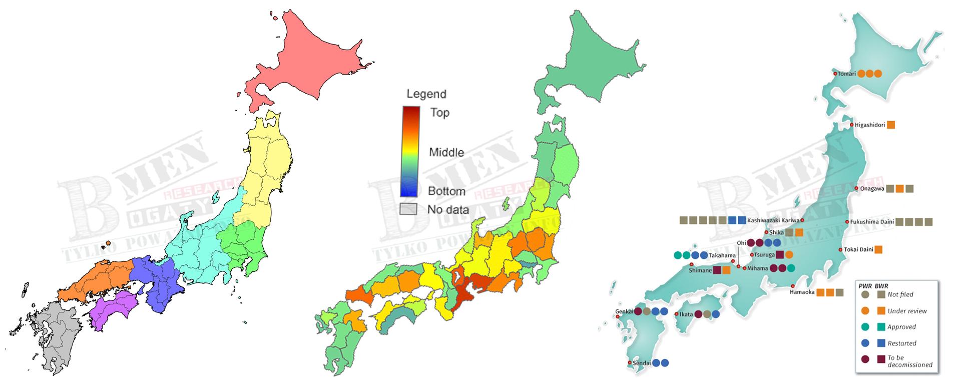 Kompilacja grafik dokonana przez autora: Po lewej, podział prefekturalny Japonii będący jednocześnie odzwierciedleniem podziału firm - dostarczycieli energii. W środku: Mapa rozlokowania industrialnej produkcji w Japonii. Po prawej: Zaktualizowana mapa rozkładu japońskich elektrowni atomowych na 09/02/2020 r. Źródła: https://www.neimagazine.com/news/newsjapan-restarts-genkai-4-6209119, https://en.wikipedia.org/wiki/List_of_regions_of_Japan, https://stats-japan.com/t/kiji/10720