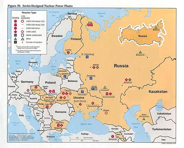 Lokalizacja radzieckich reaktow jądrowych w Europie i zachodniej części Rosji w 1996 r. Źródło: Central Intelligence Agency, 