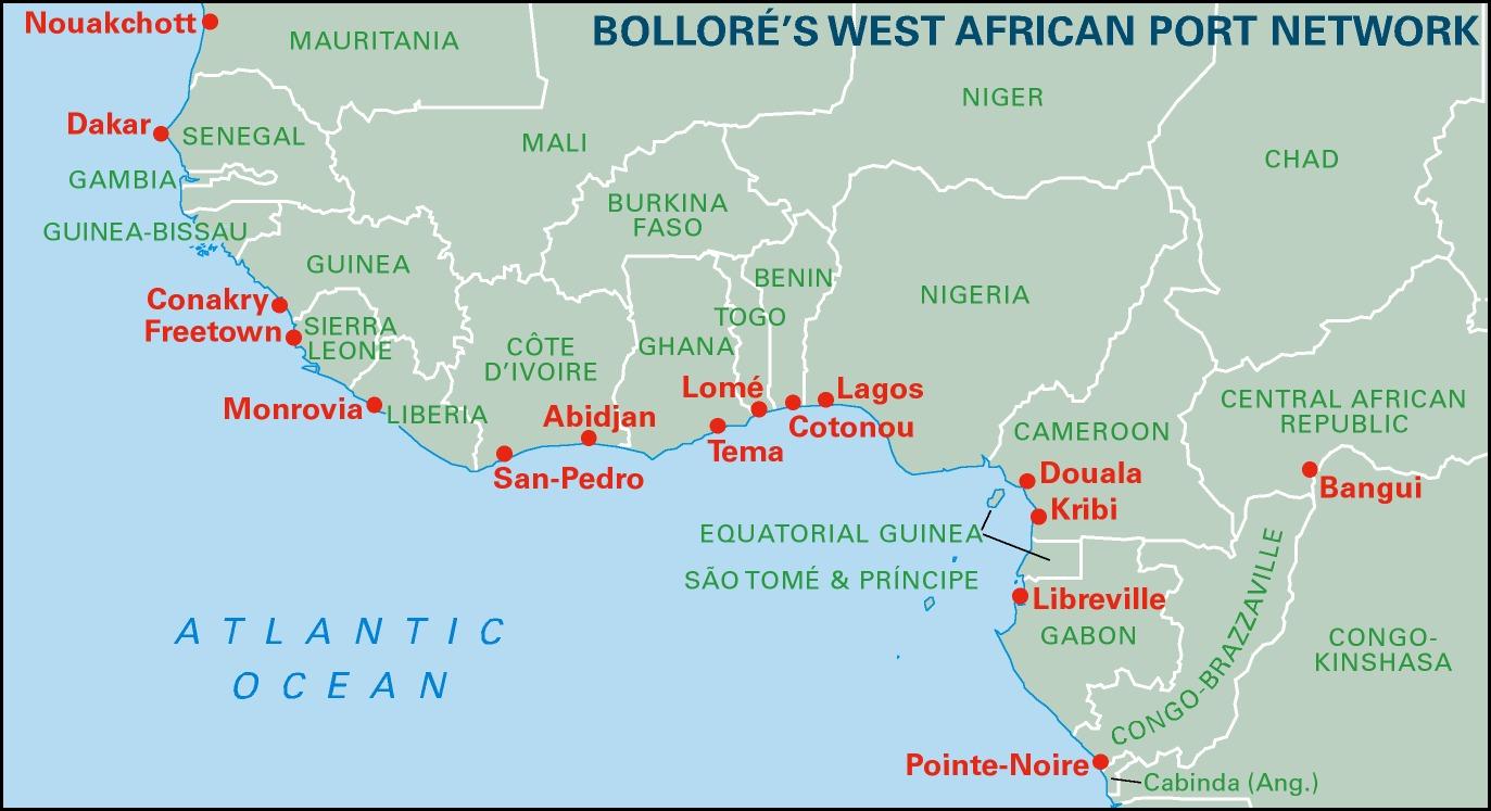 Terminale logistyczne w posiadaniu Bolloré Africa Logistics. Źródło: https://www.africa-confidential.com/article/id/13322/SPECIAL_REPORT_How_Vincent_Bollor%C3%A9_won_control_of_Ghana%E2%80%99s_biggest_port