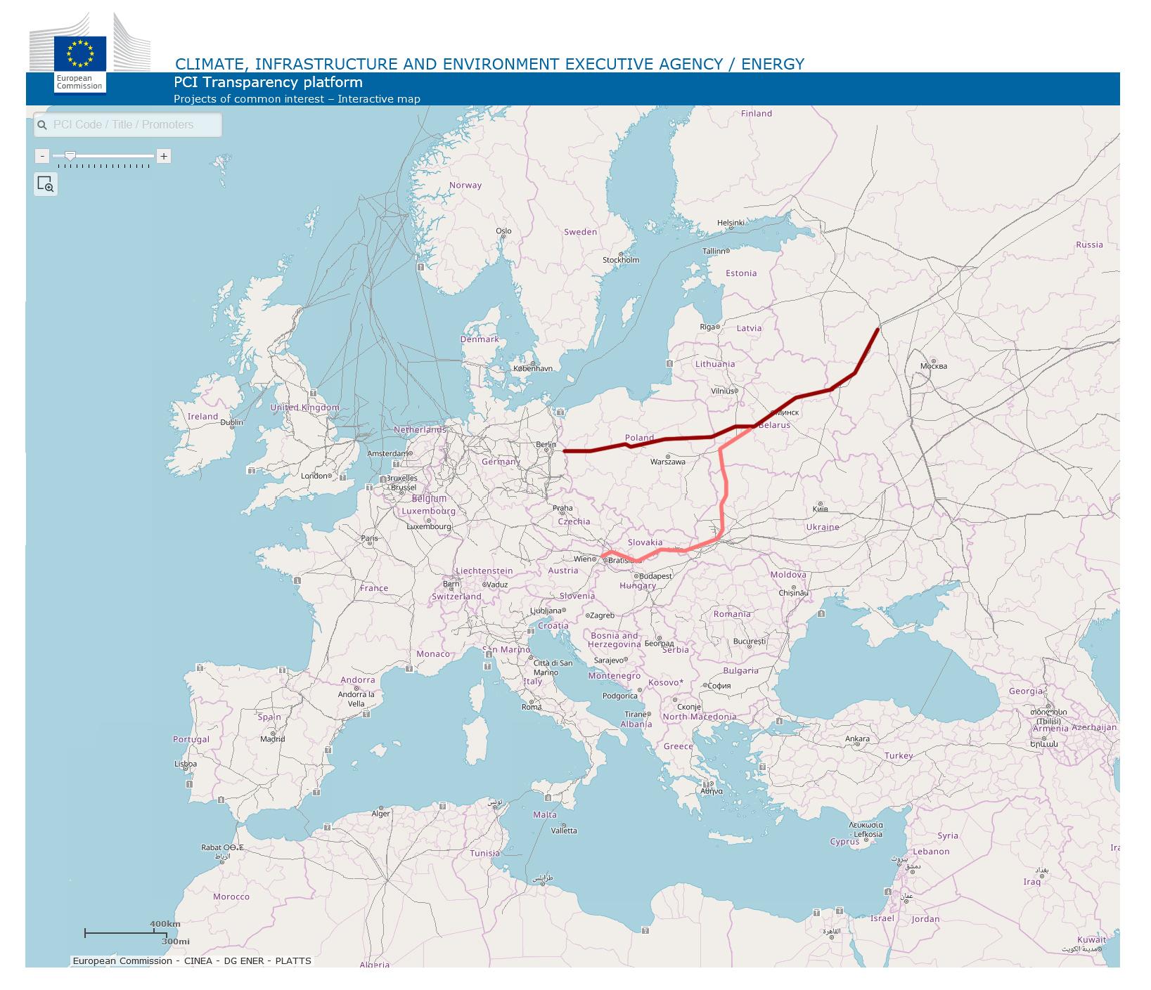 Najważniejsze kierunki dostaw gazowych - kompilacja własna przy użyciu mapy sieci gazowych z: https://ec.europa.eu/energy/infrastructure/transparency_platform/map-viewer/main.html