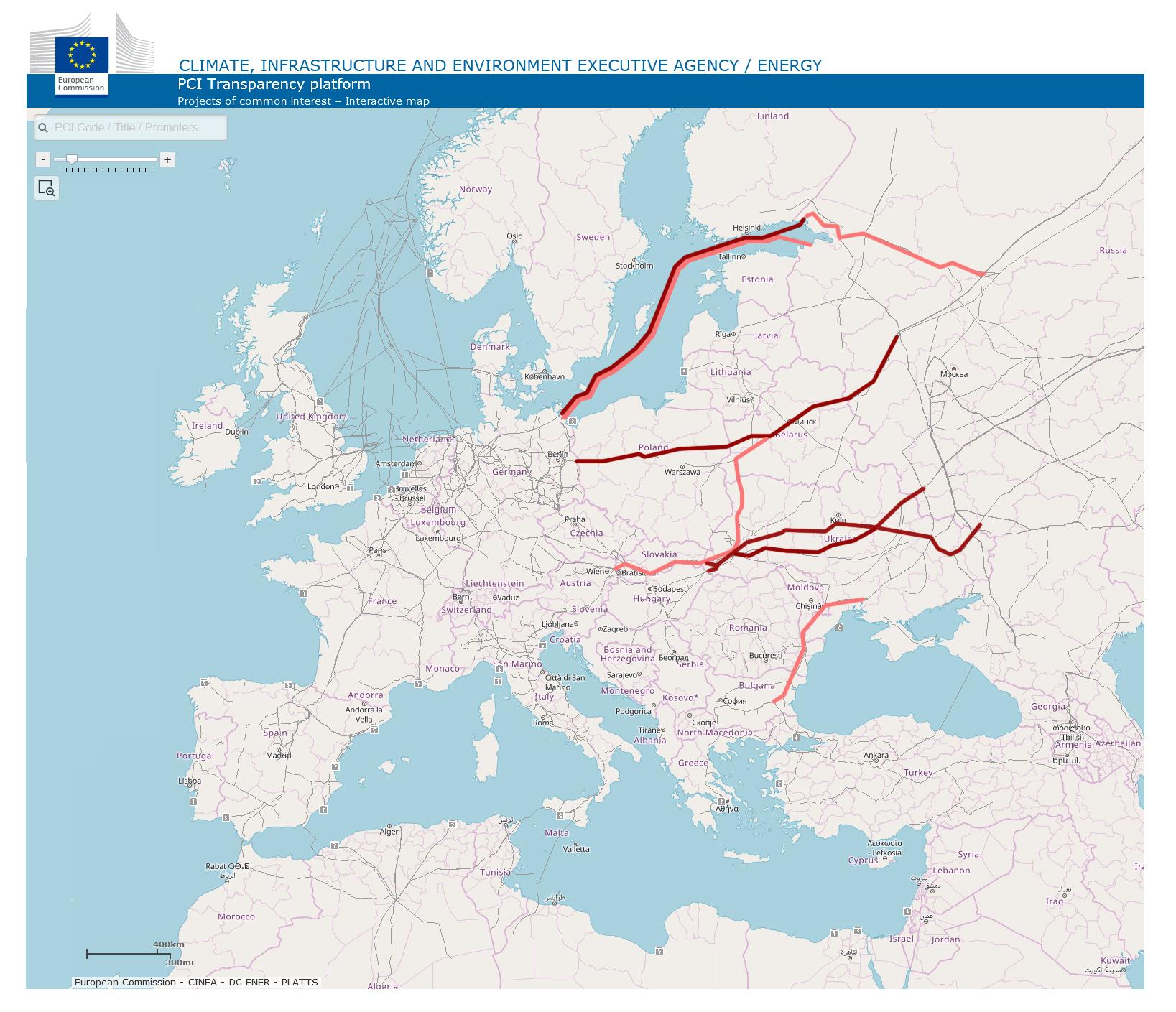 Najważniejsze kierunki dostaw gazowych - kompilacja własna przy użyciu mapy sieci gazowych z: https://ec.europa.eu/energy/infrastructure/transparency_platform/map-viewer/main.html