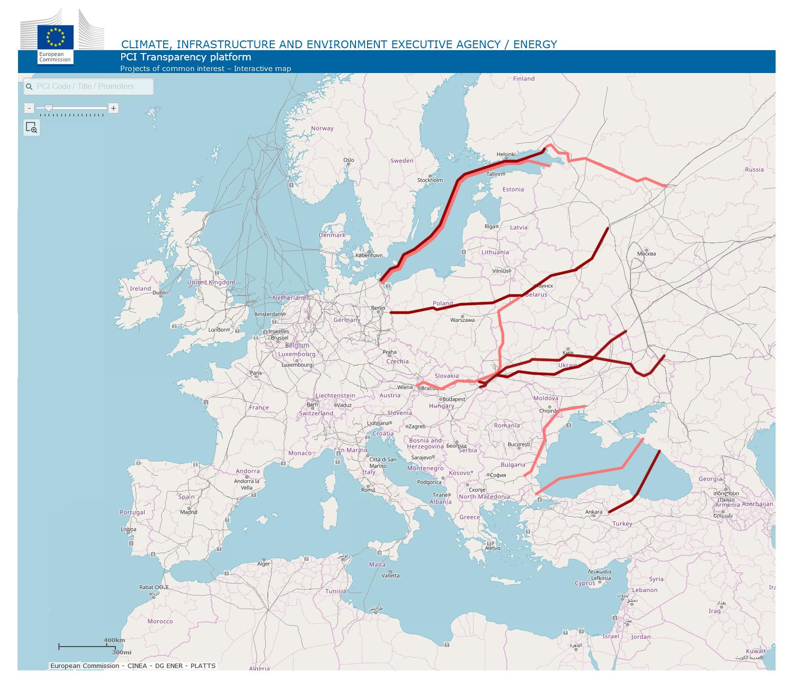 Najważniejsze kierunki dostaw gazowych - kompilacja własna przy użyciu mapy sieci gazowych z: https://ec.europa.eu/energy/infrastructure/transparency_platform/map-viewer/main.html