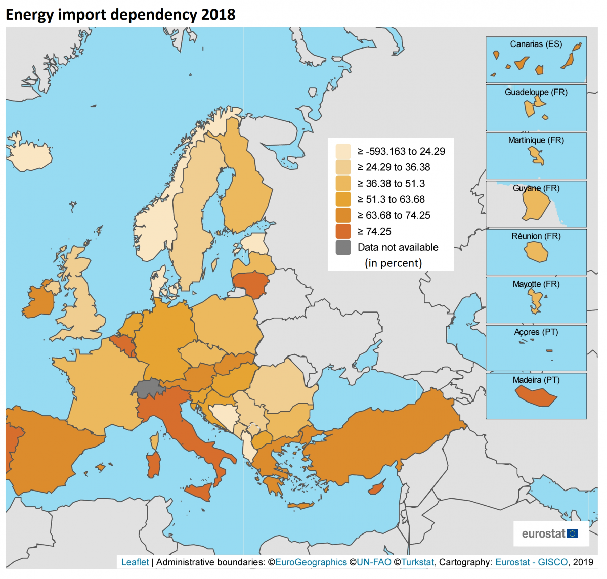 Jak bardzo uzależnione od importu surowców energetycznych są dane kraje europejskie. Źródło: https://www.cleanenergywire.org/factsheets/germanys-dependence-imported-fossil-fuels
