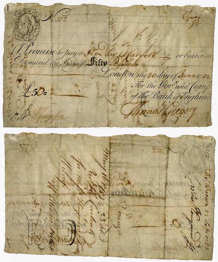 Bank note z 1732 r. Pierwsza cyfra wydrukowana, reszta dopisana.