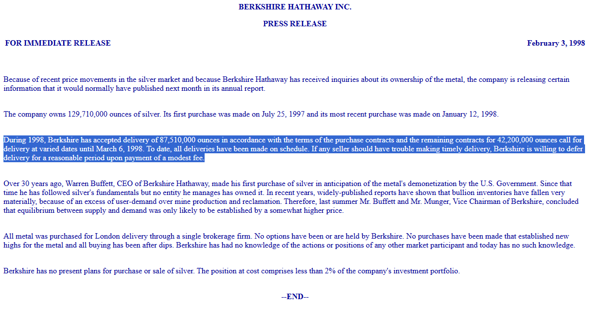 Rozdział wolumenu srebra zakupionego przez Berkshire Hathaway w 1997 i 1998 r. Źródło: https://www.berkshirehathaway.com/news/feb03981.html