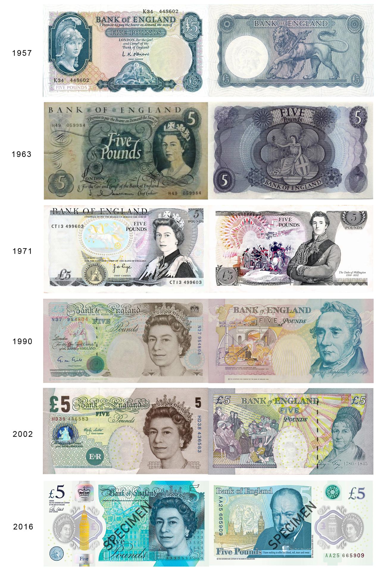Ewolucja banknotu 5 funtowego 1963 - 2016 r. Źródło: www.bankofengland.co.uk, kompilacja Enemy