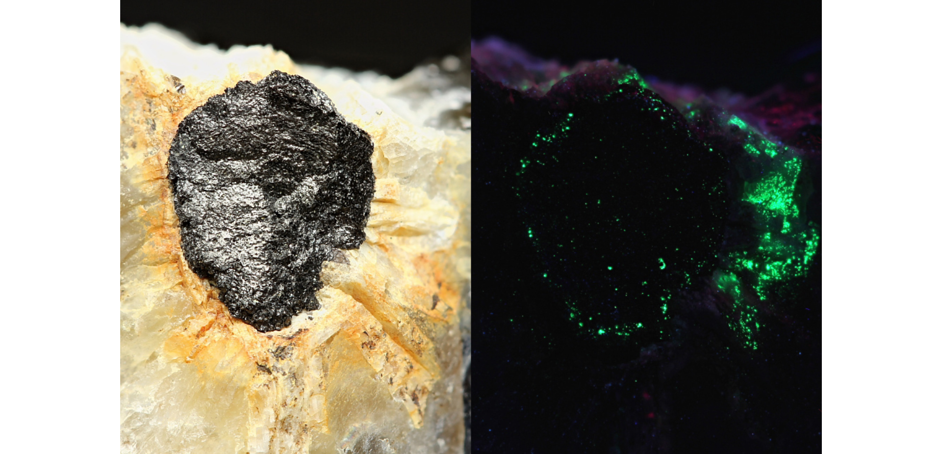 Thucholit i jego luminescencyjność. Źródło: https://www.mindat.org/photo-495718.html